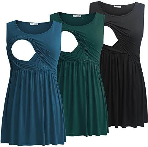Bearsland Women's Maternity Nursing Tank Tops Sleeveless Scoop Neck Breastfeeding Shirt Pregnancy Clothes,Black&Green&Vivid Blue,M
