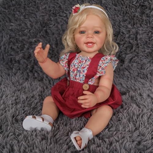 MineeQu 55CM lebensechte süße lächelnde verwurzelte Blonde Haare Silikon-Vinyl-Ganzkörper-Reborn-Babypuppen Realistische Neugeborene Kleinkind Dolls Spielzeug Geschenkset für Mädchen ab 3 Jahren