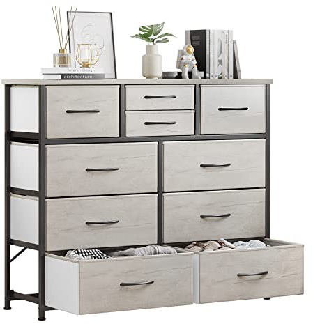 LUMTOK 10-Drawer Dresser, Fabric Storage Dresser Drawers for Bedroom, Hallway, Nursery, Closets, Steel Frame, Wood Top, Easy Pull Handle (Greige)