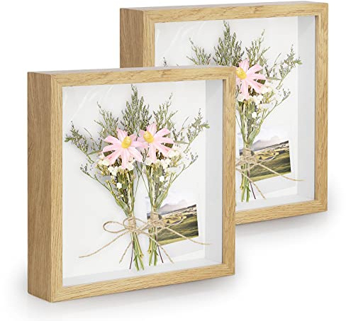 2 Pack 3D Shadow Box Frame 8x8 Inch, 3 CM Deep Box Frame, Natural Wood | Picture Frame Display Cases for Crafts, Memorabilia, Wedding Memories, Medal, Tickets, Photos and Keepsakes