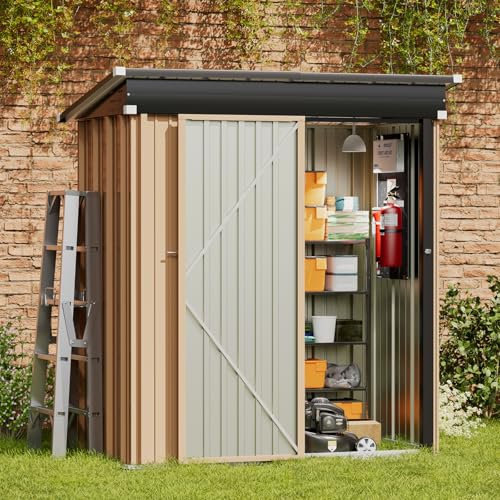 Amopatio Casetta da Giardino Metallo, Casetta Attrezzi Giardino Capanno da Giardino con Porta, 162 x 92 x 182 cm, Impermeabile Armadio per Esterno Porta attrezzi da giardino Lamiera zincata, Marrone