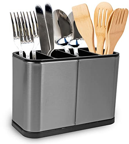 Vivo Technologies Kitchen Utensil Caddy Stainless Steel Organiser | Cooking Cutlery Holder | 4 Removable Dividers Compartments | Drip Tray for Kitchen Countertop | Anti Slip | Water Draining Design