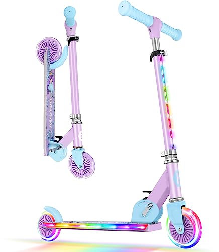 BELEEV V2 Scooters for Kids with Light-Up Wheels & Stem & Deck, 2 Wheel Folding Scooter for Girls Boys, 3 Adjustable Height, Non-Slip Pattern Deck, Lightweight Kick Scooter for Children Ages 3-12