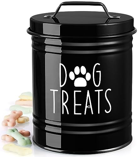 OUTNILI Small Dog Treat Container Airtight - 6 Tall X 4.9 Round Black Dog Treat Jar for Kitchen Counter - Rustic Treat Storage Canister for Dogs, Cats, Small Animals - Gifts for Pet Owners