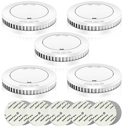 RUNIDUR Détecteur de Fumée de Set sans Fausses Alarmes, Alarmes D'incendie sans Clignoter pour Un Collage, des Détecteurs D'incendie pour 10 Ans de Batterie, Blanc, Lot de 5