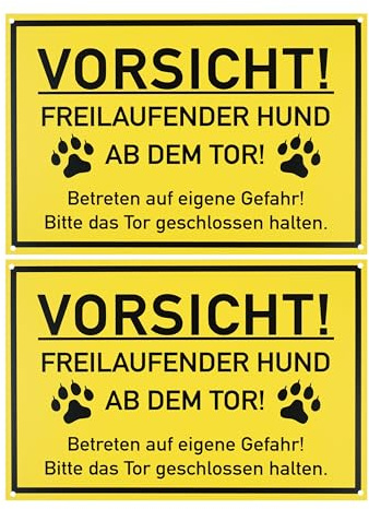 Warnschild VORSICHT! FREILAUFENDER HUND AB DEM TOR!, 2 Stück, 30 x 20 cm, 1 mm starkes PVC Schild mit Bohrlöchern, Hundeschilder, Vorsicht Hund Tor geschlossen halten Hinweisschild, Hundeschild