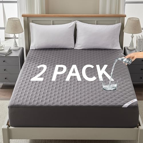 2 Pack Waterproof Mattress Protector, Twin Size Mattress Pad Noiseless with Deep Pocket Fitted for 6-15, Breathable Dirt-Proof Single Bed Mattress Cover for Bedroom, Dorm Room (Gray)