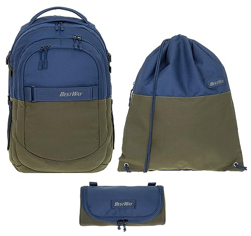 Bestway Rucksack Set Evolution 3 tlg. 40177 0626 Color Block Oliv Blue rsm | Schulrucksack Jugen Mädchen Schulmappe 3 Teile Schultasche + Sportbeutel + Mäppchen