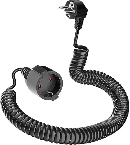 Cable de alimentación en Espiral, Alargador en Espiral, extensión Espiral elástica de 0.58 m a 2 m MAX, Extensión de Contacto de protección, Cable de extensión IP20 (230V/16 A), Negro