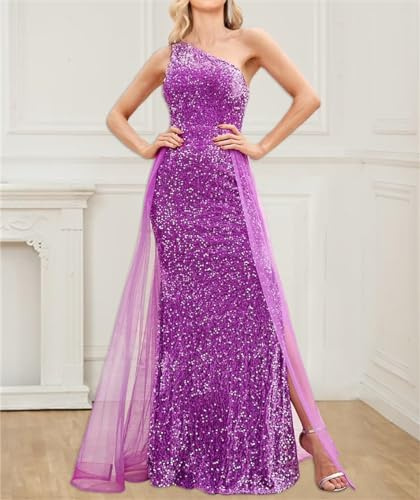 KURFACE Una spalla Sequin Prom Dresses per le donne Tulle Ball Gown Long Formale Abiti da sera WSX470, Lilla, 42