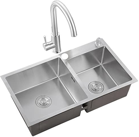 Bar-Doppelwaschbecken aus Edelstahl mit Ablaufgarnitur und Winkelhahn zum Einbau oder Unterbau (Farbe: Silber, Größe: 82 x 45 x 20 cm)