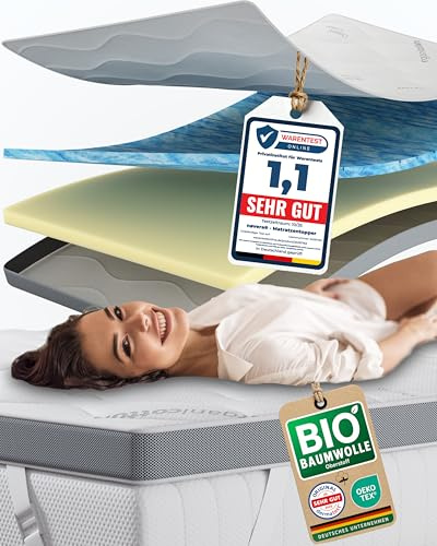 nøvera Premium Gel Topper 140x200cm | H2/H3 | Oberstoff aus 100% Bio-Baumwolle | wolkenweicher 7-Zonen Matratzentopper 140x200cm | Hohes RG 50 | 8cm Matratzen Topper 140x200 | Luxus Matratzenauflage