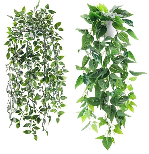 Der Rose 2 Pack Fake Plants Hanging Faux Potted Ivy Vine Artificial Plants Indoor for Home Bathroom Wall Shelf Outdoor Decor