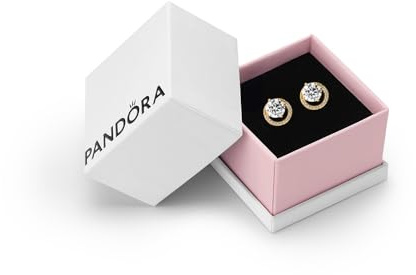 Pandora Sparkling Round Halo Stud Earrings, Gold, Gift Box | 14k Gold-Plated Stud Earrings, Off-Centred Solitaire Stones Framed by a Circle of Clear Cubic Zirconia Pavé