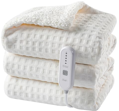 Dowin Heated Blanket Electric Blanket - Throw Size Waffle Fleece Heating Warming Blankets with Auto Shut Off for Couch Office Chair Bed Adults Fuzzy Cozy Machine Washable 50x60 Beige