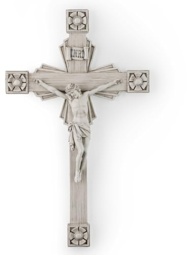 BC Katholisches Kruzifix-Wandkreuz, Jesus Christus, Heimdekoration, Holzschnitzerei, religiöses Geschenk, grau-weißes Finish, 30,5 cm hoch, handbemalt von Buildclassic