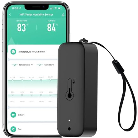 WLAN Thermometer Hygrometer: Intelligent Temperature Humidity Sensor with App Remote Control & Data Storage Export, Indoor Temperature Humidity Monitor Compatible with Alexa (1 Pack Black)