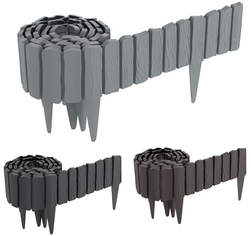FIVMEN Bordo per prato, in plastica, 4,6 m, effetto legno, bordatura per aiuole con perni da 10 cm, imitazione delle venature del legno, per giardino, grigio