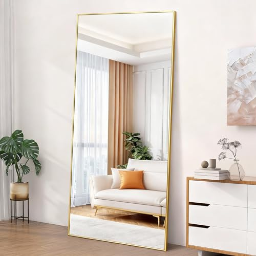 COFENY Specchio da Terra, 192 x 85 cm Specchio da Parete Grande con Cornice in Alluminio, Specchio da Terra da Appoggiare o Appendere per Soggiorno, Camera da letto, Soggiorno, Ingresso, Oro