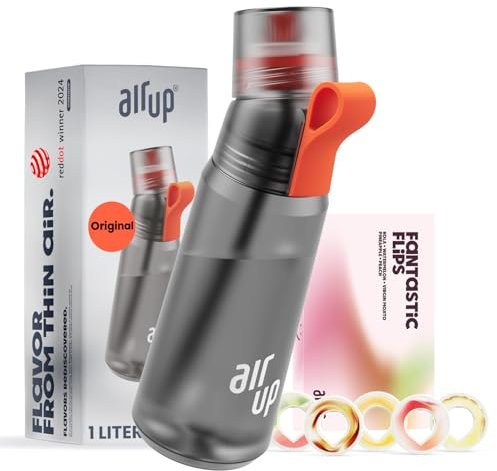 AIR UP® water bottle Twist Pro original starter set with pods in 5 flavours I 1l drinking bottle with sugar-free flavouring I dishwasher-safe, BPA-free I in Grey