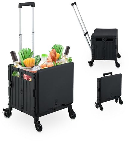 Relaxdays Einkaufstrolley, klappbar, Einkaufskorb mit Lenkrollen, Deckel & Teleskopgriff, bis 35 kg, Rollkiste, schwarz