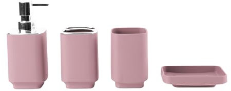 Hosoncovy Set di 4 accessori da bagno con dispenser di sapone, tazza da bagno, portasapone, spazzolino da denti e dentifricio (rosa)