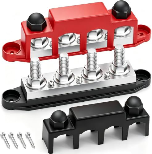 maierke 400 A Sammelschiene, 12 V, 3/8 Zoll Stromverteilerblock, Automobil-Sammelschienenklemme, Batterie-Bussstange (Paar, rot und schwarz), 4 x 3/8-Zoll-Pfosten, 3 x #8-Schraubklemmen