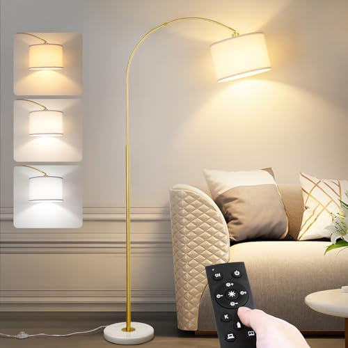 Floor Lamps for Living Room, Modern Arc Standing Lamp with Remote Control and Lampshade & Foot Switch, Stepless Dimmable Standard Corner Lamp for Bedroom Office Dorm Room(9W Bulb Included-Gold