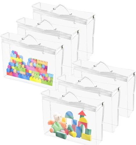 KNGNGK 6 PCS Toy Storage Bags 40x30x10cm Clear PVC Toy Organizing Bags Waterproof & Reusable Toy Storage Organiser Zipper Toy Storaged Bag Clear Tote Bag with Handles for Building Blocks Puzzle