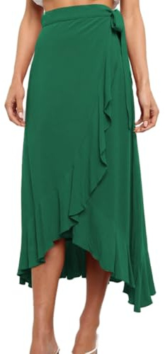 EMOTTOS Gonna Lunga Allacciata in Un Unico Pezzo, Sexy Boho Gonne Midi a Vita Alta per Le Donne, Boemia A-Line Design Irregolare Ruffle Spacco Hem Flowy Gonna, Verde, S