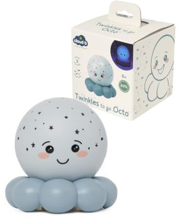 Cloud b Twinkles To Go Octo Pastell Blau – Tragbarer Stern- & Fisch-Nachtlichtprojektor für Kinder – 3 Beruhigende Farben (Bernstein, Blau, Grün) mit Automatischer Rotation – 45-Minuten-Schlaf-Timer