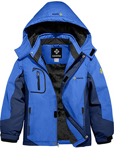 GEMYSE Veste de Ski pour Garçon Enfant Manteau Hiver Chaud Imperméable Coupe-Vent Blouson avec Capuche et Polaire(Bleu et Bleu Marine,160-168)