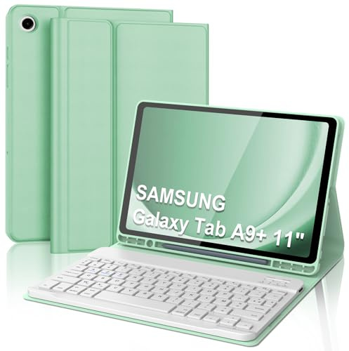 Coque Clavier pour Samsung Galaxy Tab A9 Plus/A9+ 11 Pouces, AZERTY Français Housse Clavier Bluetooth Magnétique Détachable avec Porte Crayon pour Samsung Galaxy Tab A9 Plus 11 2023, Vert Clair