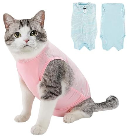Ziyonix 2 Pièces Combinaison de Récupération pour Chat, Body Chat Post Opératoire Stérilisation Anti Léchage, Cat Recovery Suit après Chirurgie Protection Post-Chirurgie (Rose + Bleu) (S)