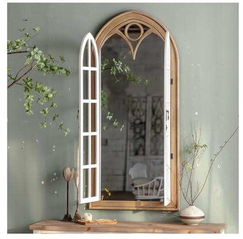 Espejo de pared con arco de ventana de madera, marco envejecido colgante, diseño de ventanas que se pueden abrir, decorativo para sala de estar, dormitorio, entrada