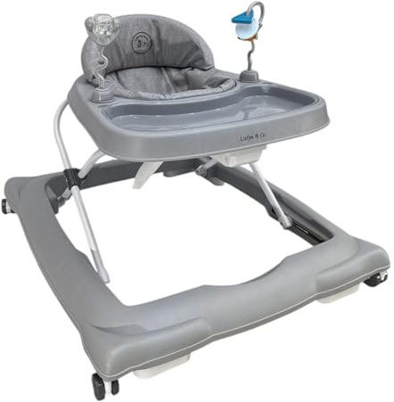 Liefjes & Co Lauflernhilfe & Gehfrei Babywalker – mit 360° Rollen, Spielstation & Spielzeug – Höhenverstellbar, klappbar, mit hoher Rückenlehne – Lauflernwagen (Grau)