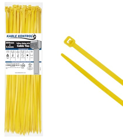 Kable Kontrol Yellow Cable Ties, 300 mm x 3.6 mm, Pack of 100, 12 Premium Nylon Zip Ties, Multi-Purpose Plastic Tie Wraps, Secure Self-Locking Mechanism, for Home, Garden, Office and DIY