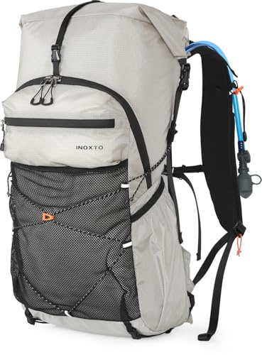 IX INOXTO Hiking Backpack for Men and Women, 30L Waterproof Camping Backpack with 3L Water Bladder and Rain Cover, Lightweight Outdoor Sport Travel Daypack Rucksack for Climbing Cycling (Light gray)