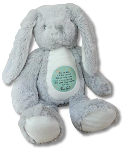 mamir home Personalisiertes Kuscheltier mit Namen | Geschenk zur Geburt Junge & Mädchen | Mutmach Hase mit Affirmation | Einschulung Geschenk | Handbedruckt in Deutschland (Hase)