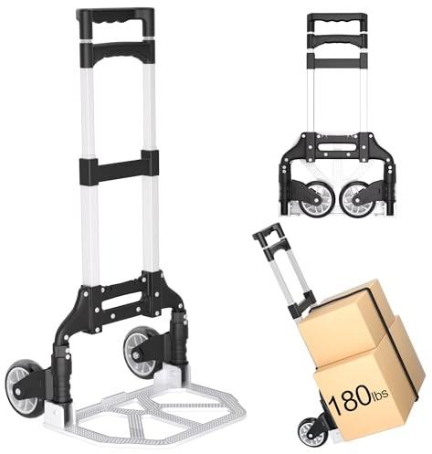 Folding Hand Truck - Aluminum Portable Dolly Cart with Telescopic Handle, Bungee Cord - Compact Lightweight Foldable Luggage Cart for Moving, Home, Auto, 180lbs, Black
