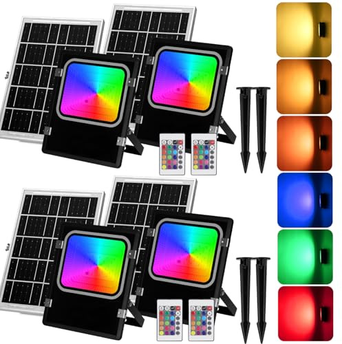 Aigostar 50W Foco Solar Exterior RGB con Mando a Distancia, 4000mAH Batería de Gran Capacidad y Gran Panel Solar. IP66, Cable de 5M. Proyector LED para Interior y Jardín, Patio, Camino, 4 piezas