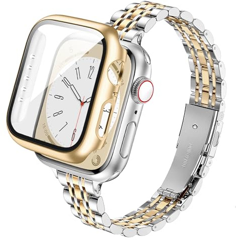 wipalor Slim Stainless Steel Straps with Case fit Apple Watch Straps Women 40mm, Ladies Metal iWatch Strap and Cover with Screen Protector for Apple Watch Strap Series SE 6 5 4, Silver-Gold/Gold