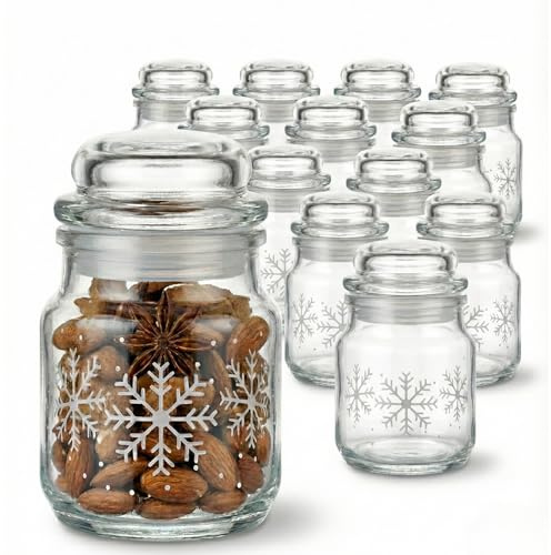 gouveo 12er Set Vorratsgläser 100 ml (0,10 l) Gläser 100 ml mit Glaskorken (Winter Schneeflocken Design) mit passgenauem Glaskorken, Mini Gläser für Gewürze, Adventskalender, Deko (KGSN100GK)
