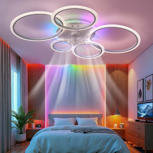 ZOMLBOF RGB Ventilador de Techo con Luz Regulable 3 Temperaturas Color 6 Velocidades Reversibles Lampara Ventilador Techo Control Remoto Control APP Ceiling Fan with Light Temporizador，Weiß