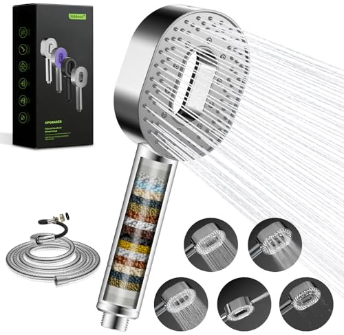 Hibbent Filter Duschkopf mit Schlauch 1,5m, 5 Strahlarten, Chrom | Hochdruck, mit 20-Stufen Wasserfilter gegen Chlor & Kalk – 5 Strahlarten Massage Duschbrause, inkl. Filterkartusche