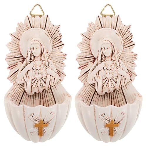 NOLITOY 2pcs Holy Water Font Catholic Wall Hanging Decor: Resin Holy Water Font for Home Church Entrance Living Room Ideal Religious Decor for First Communion Baptism (Beige)
