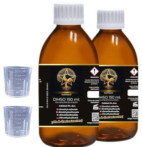 DMSO 99,9 % ren dimetylsulfoxid 2 x 150 ml CueVitae | Bärnstensglasflaska med droppflaska och doseringsbehållare | Organiskt lösningsmedel med hög renhet, utan tillsatser