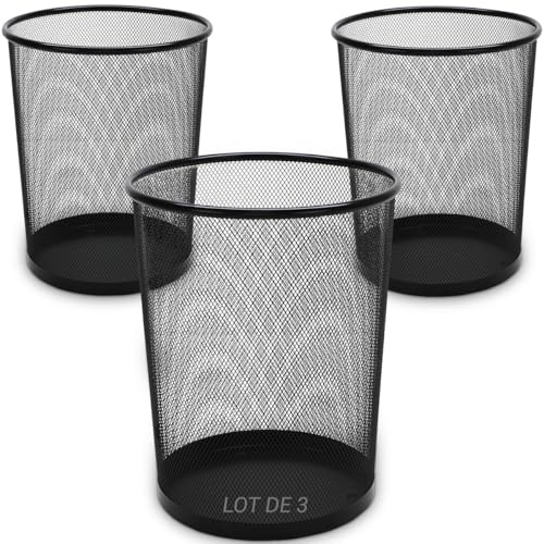 Waytex Lot de 3 Corbeilles à Papier Bureau Métal Mesh Noir – Grande Contenance 18L – Poubelle Ronde Ajourée Haute Résistance pour Bureau et Maison – Pack Économique – Diamètre 29,5cm x Hauteur 34cm
