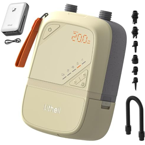 Litheli 20PSI Electric SUP Pump, Rechargeable Battery & 12V Car Powered, Dual Stage Inflation Deflation Auto-Off, Portable Air Pump for Paddle Board Kayak Tent Inflatable Bed