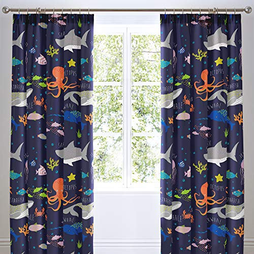 Bedlam - Sea Animals Curtains - Two Panels W66 x L72 (168 x 183cm) Sharks, Fish & Whales Bedding for Kids - Dark Blue Pencil Pleat Curtains for Boys - Sea Creatures Bedroom Accessories